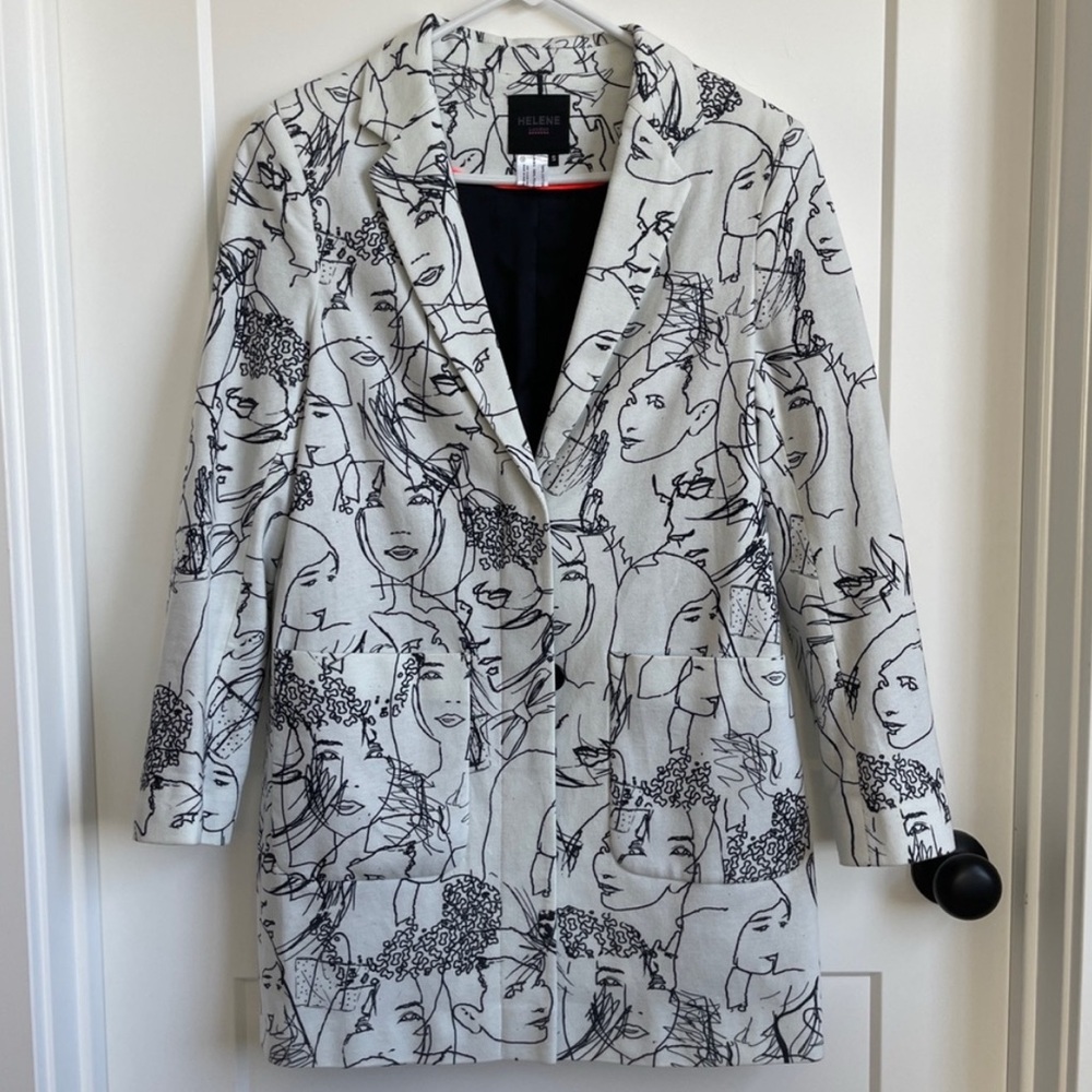 HELENE LONDON Face Illustrations Black and White Long Blazer - Picture 4 of 10